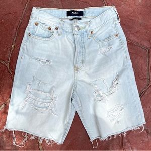 NWOT Aero Light Blue Jean Denim Shorts 90s High-Rise Waist Long CutOff Ripped 0